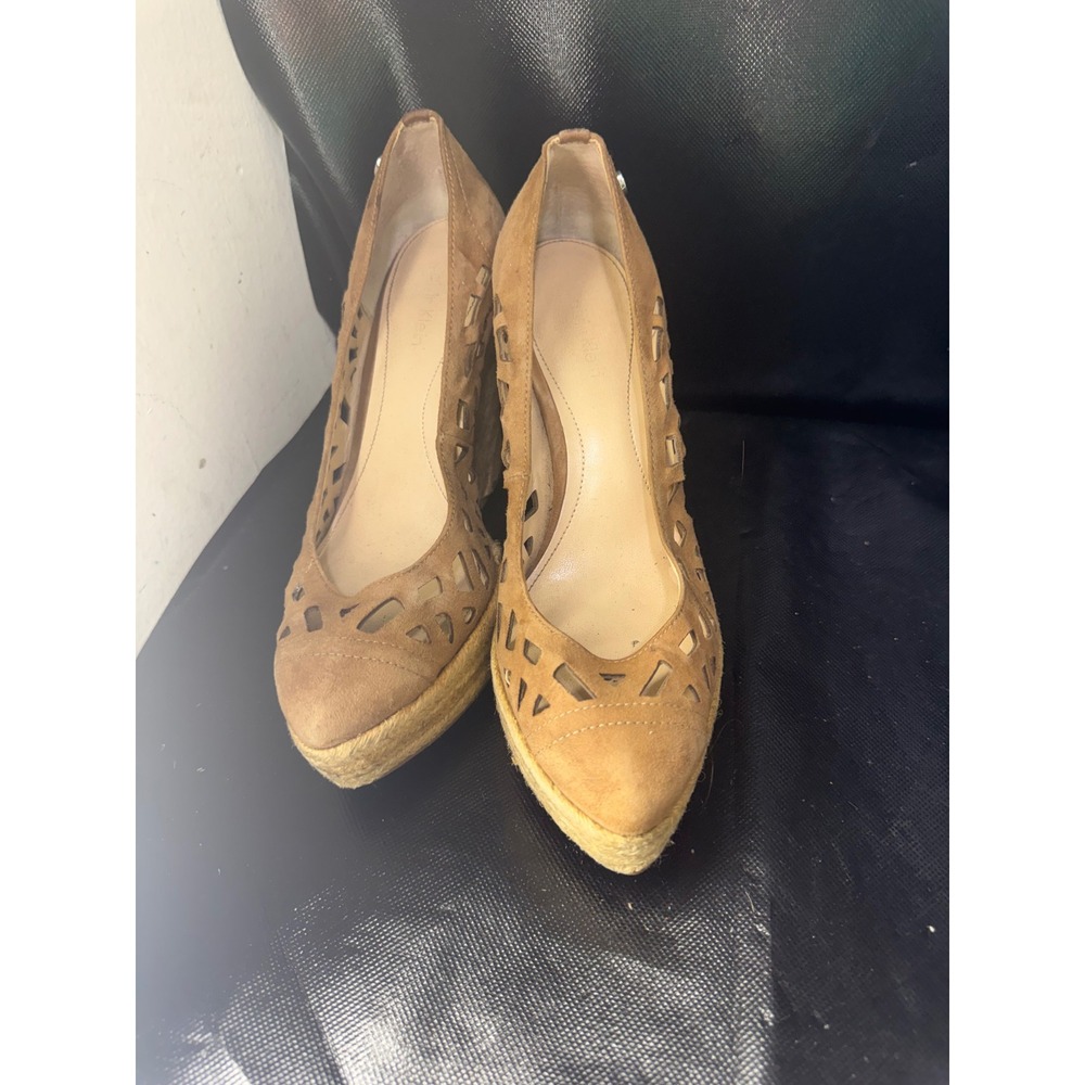 Calvin Klein Enisa Victoria Tan Suede Laser Cut Espadrille Wedge Pumps Size 8M